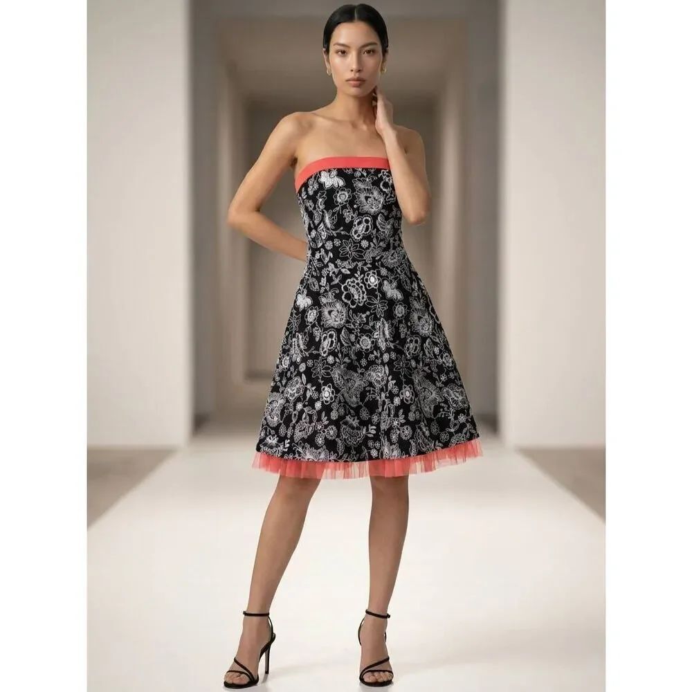 💜Ruby Rox Black & White Floral Fit & Flare Tulle Hem Strapless Dress Size 3